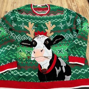 Holiday Time Green Cow Sweater with Antlers